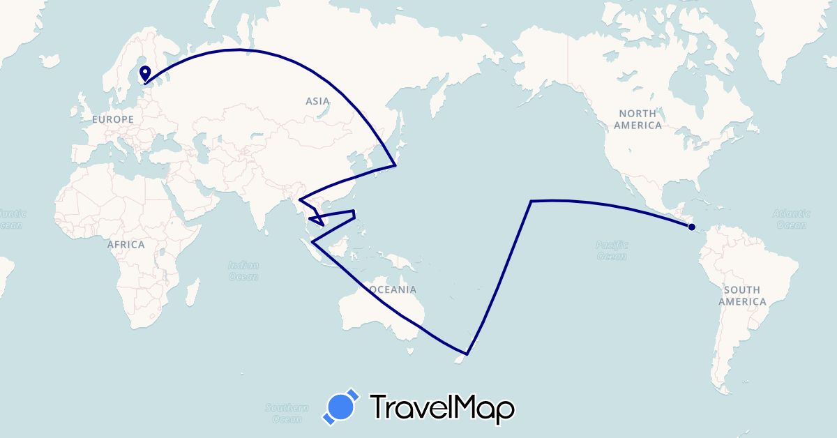 TravelMap itinerary: driving in Australia, China, Costa Rica, Finland, Indonesia, Japan, Cambodia, Laos, Myanmar (Burma), Malaysia, New Zealand, Philippines, Thailand, United States, Vietnam (Asia, Europe, North America, Oceania)